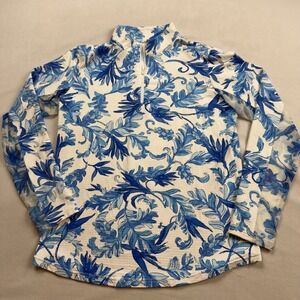 Icikuls Womens Mock Neck Quarter Zip Sun Shirt Blue White Floral Print Size M‎